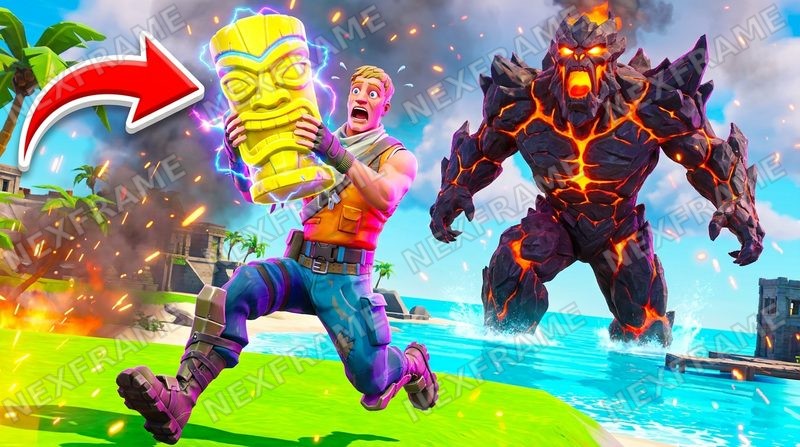Fortnite-style island thumbnail: a generic hero running with a golden tiki idol away from a lava monster, red arrow