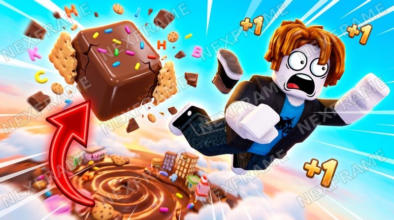 Roblox simulator thumbnail: a shocked avatar flying past a giant chocolate cube with +1 pop-ups and a curved red arrow