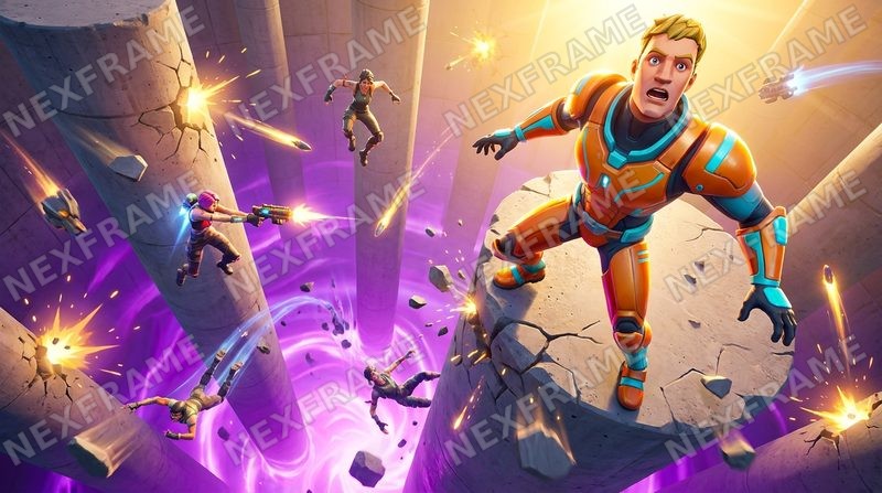 Fortnite-style thumbnail: a generic hero in orange armor leaping off a cracked pillar above a purple vortex, other players fighting around