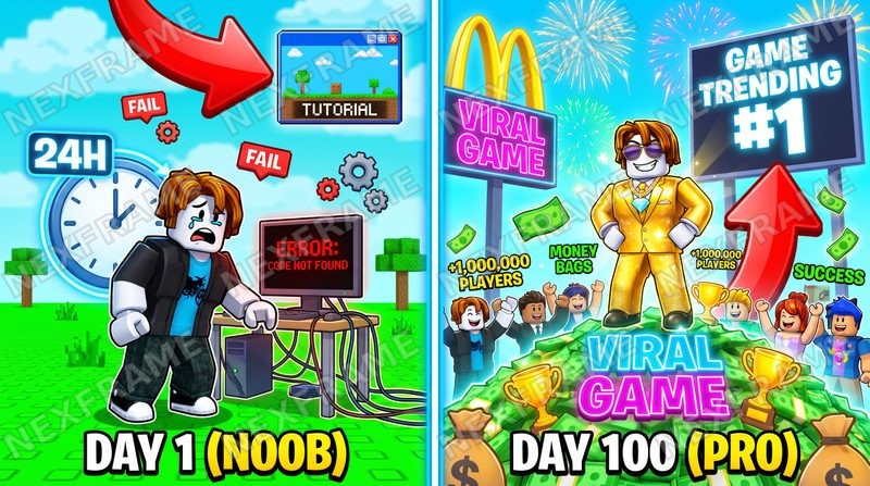 Day 1 vs Day 100 Roblox thumbnail: a stressed avatar surrounded by errors on the left, a golden avatar with a number one trending game on the right